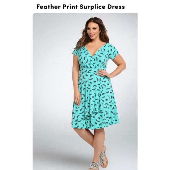 Torrid Dresses & Skirts - Torrid Aqua Blue Feather Print Faux Wrap V-Neck Front Round Back Dress‎ Sz 2X